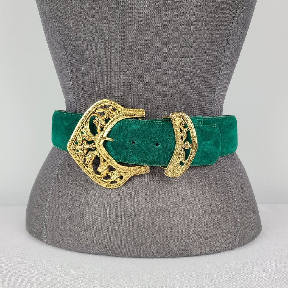 Danier Emerald Green Suede Belt with Ornate Gold Buckle